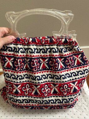 Vintage 90's batik navy and blue handbag with lucite handles